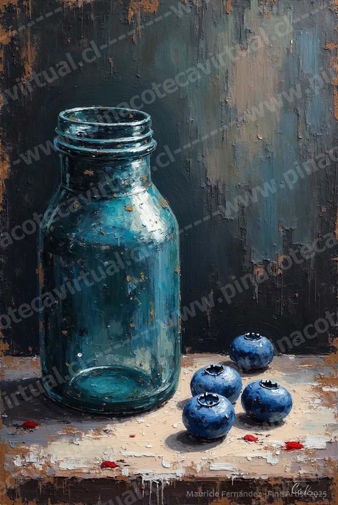 104.- Frasco de vidrio y arándanos