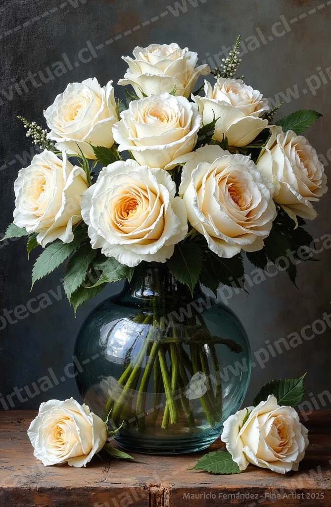 12.- Rosas blancas en jarrón de vidrio