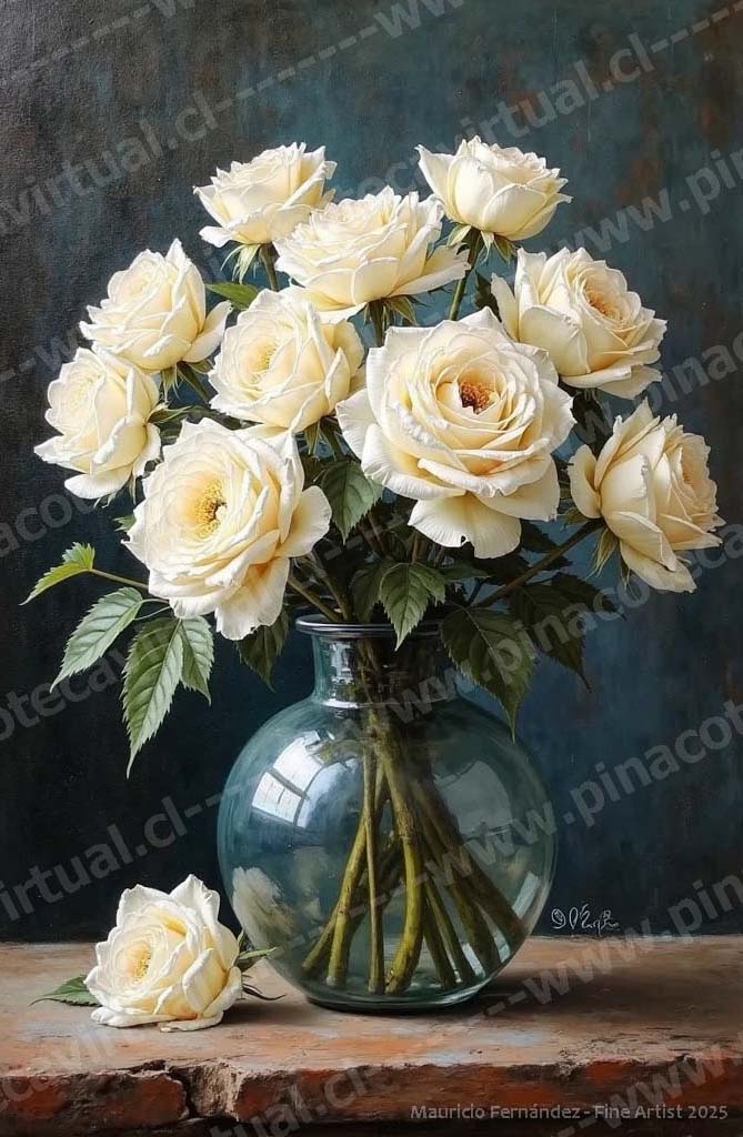 37.- Rosas blancas en jarrón de vidrio