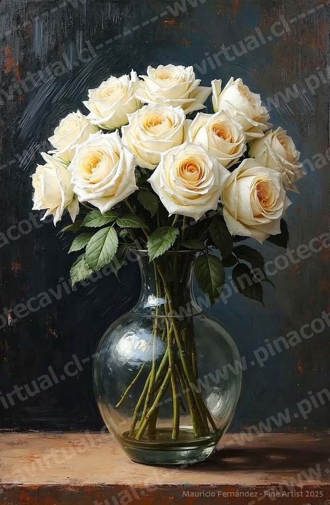 39.- Rosas blancas en jarrón de vidrio