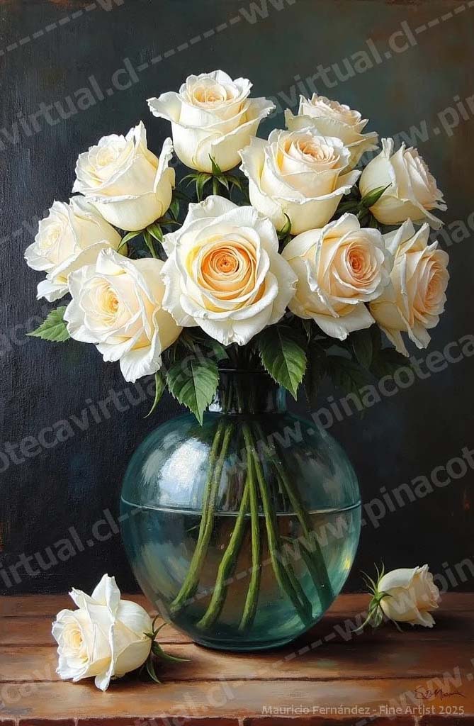 40.- Rosas blancas en jarrón de vidrio