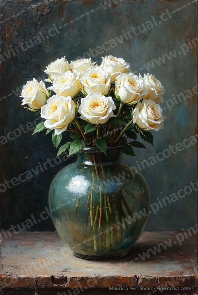 44.- Rosas blancas en jarrón de vidrio