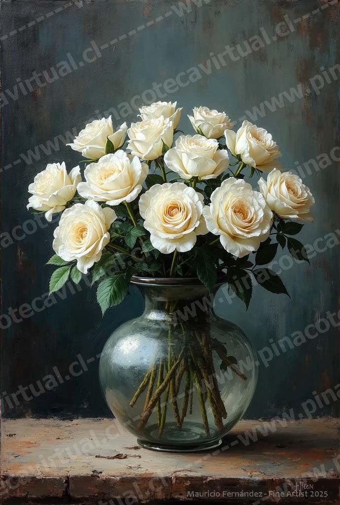 45.- Rosas blancas en jarrón de vidrio