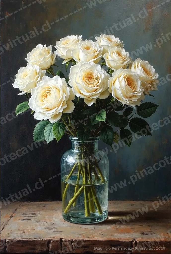 46.- Rosas blancas en jarrón de vidrio