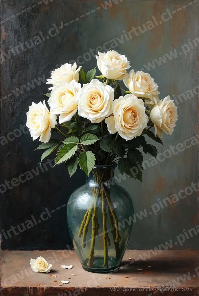 47.- Rosas blancas en jarrón de vidrio