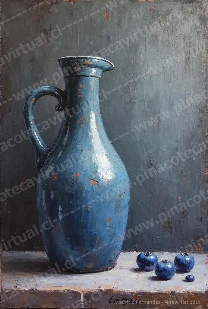 51.- Jarra de vidrio antigua y arándanos