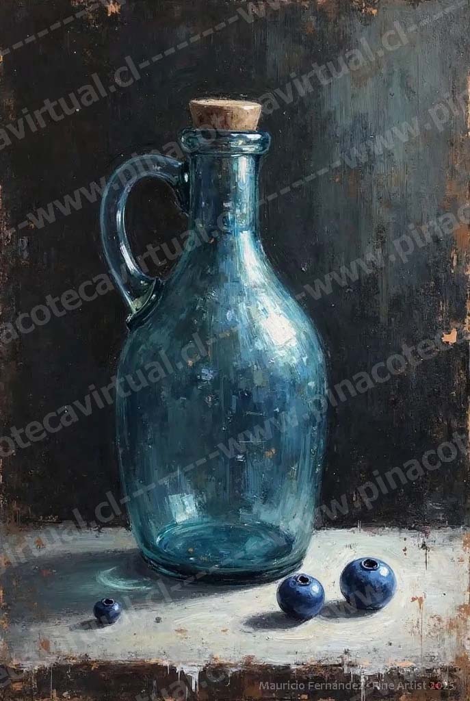 54.- Jarra de vidrio antigua y arándanos