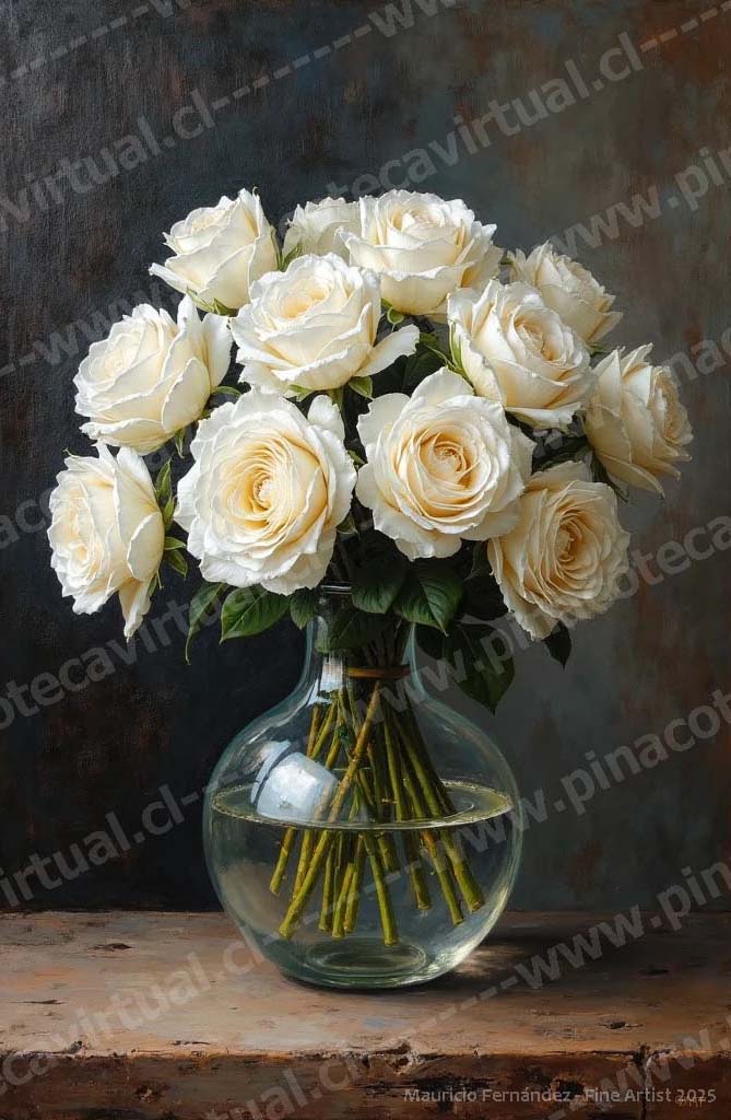 79.- Rosas blancas en jarrón de vidrio