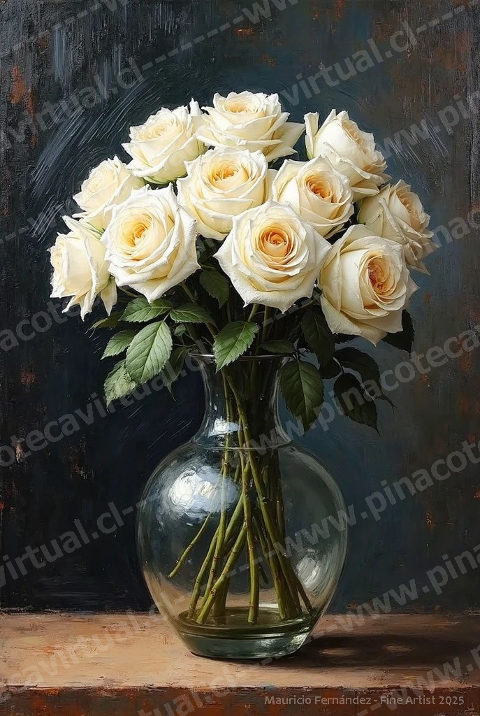 8.- Rosas blancas en jarrón de vidrio