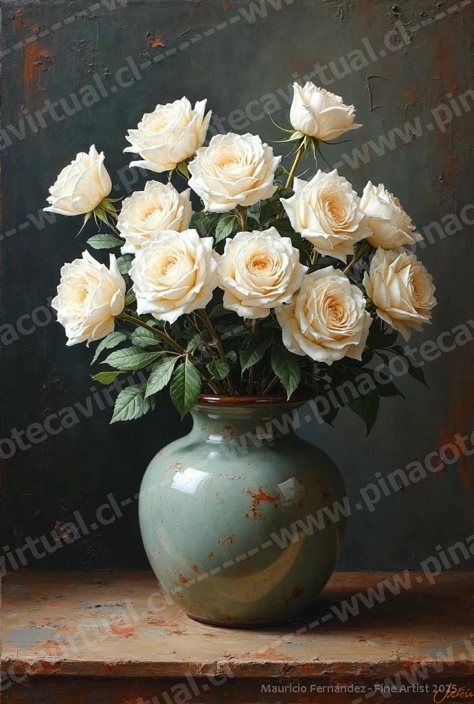 81.- Rosas blancas en jarrón de vidrio