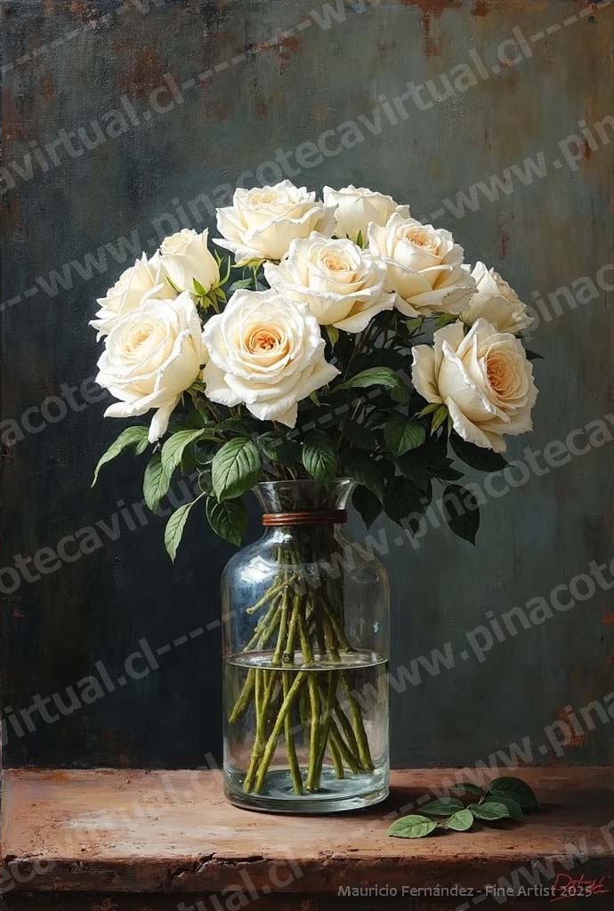 86.- Rosas blancas en jarrón de vidrio